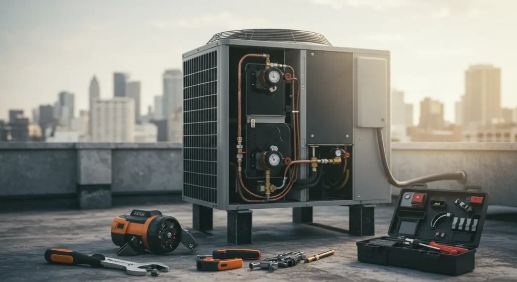 A rooftop AC unit maintenance in progress, tools are placed around AC unit