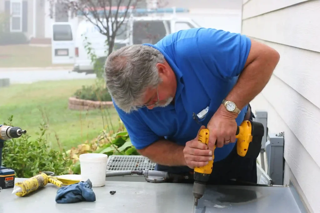 Technician in blue shirt using yellow power drill on outdoor HVAC unit, with tools, cup, and cloths nearby, in residential area with greenery and houses in background
