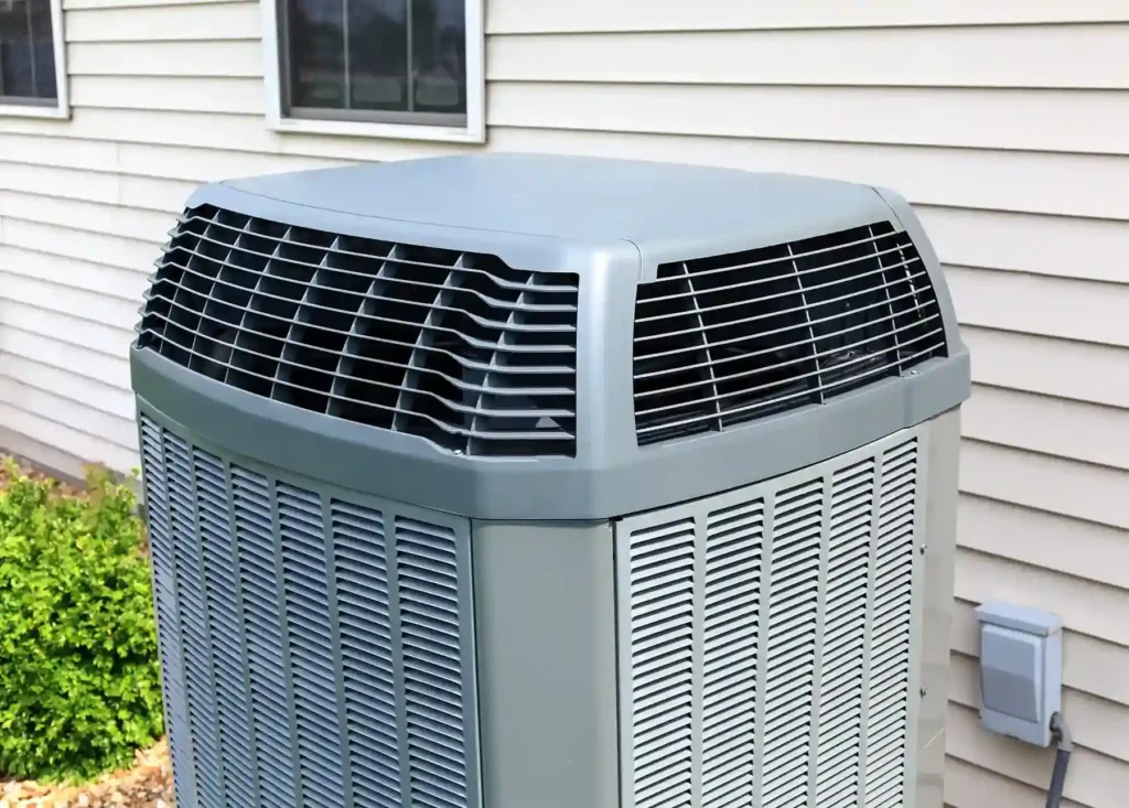 Outdoor grey air conditioning unit with vented top and sides installed beside house exterior wall, with two windows and greenery in background