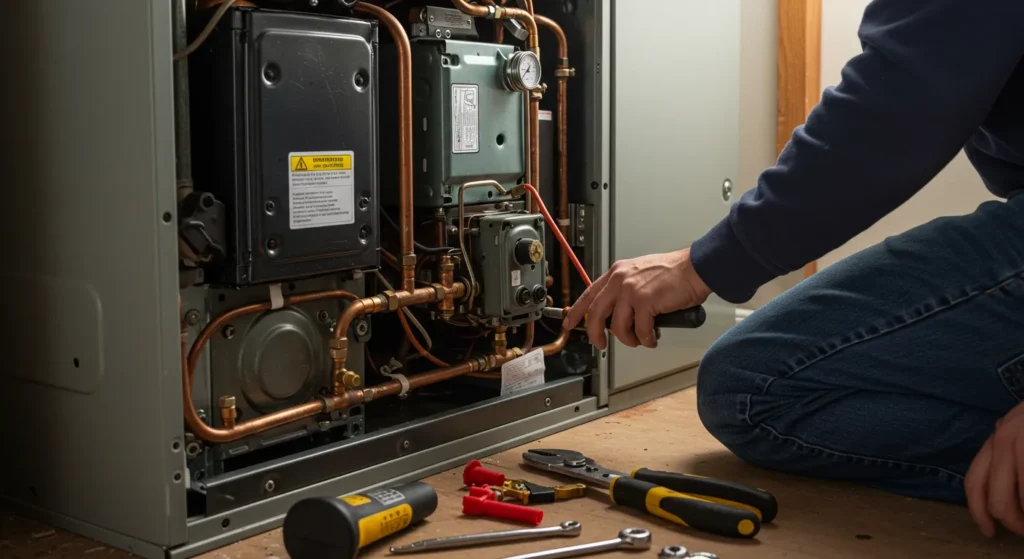 A Male HVAC Techie kneeling down and using a screwdriver to repair the indoor furnace