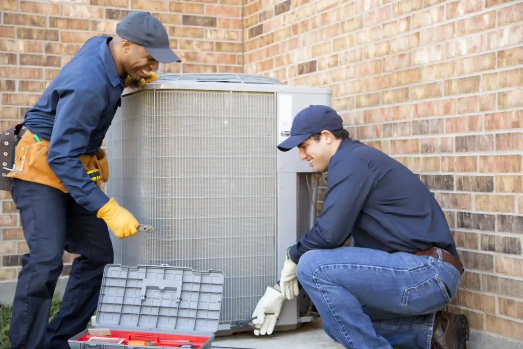 Two HVAC technicians working on outdoor air conditioning unit beside brick wall, with toolbox and tools on ground during inspection and repair