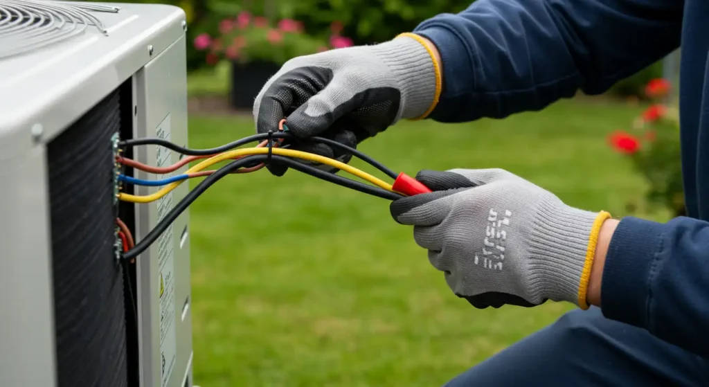 A Male HVAC technician wearing gloves fixing a outdoor heat pump unit
