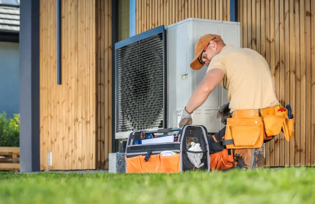 A technician wearing safety glasses, a cap, and a tool belt is working on a white heat pump unit located outside a modern house with vertical wooden siding. An open toolbox is on the grass in front of him.