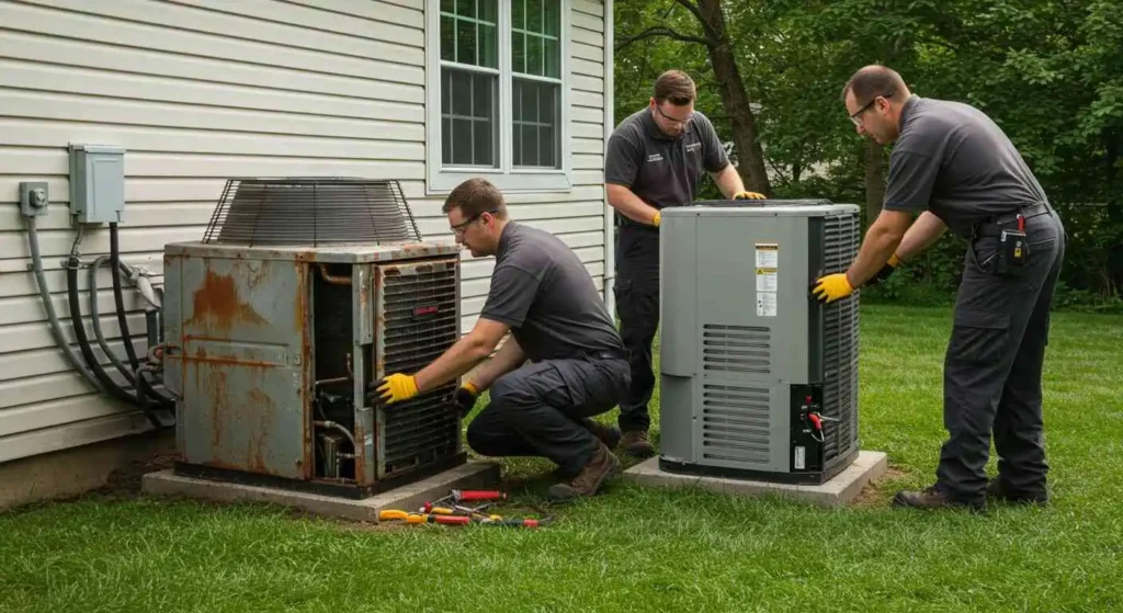 Three male technicians fixing two outdoor heat pumps