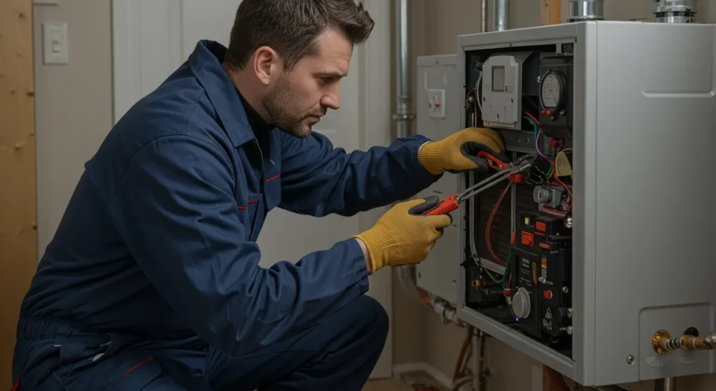 Technician in blue uniform and yellow gloves repairing open electrical or heating panel with screwdriver and pliers, surrounded by wires, gauges, and electronic components