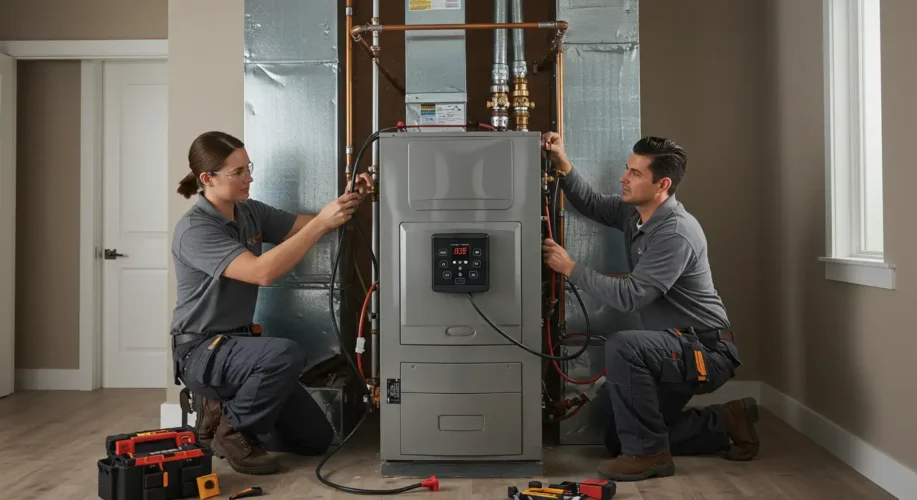 A male and female technician working on an indoor furnace