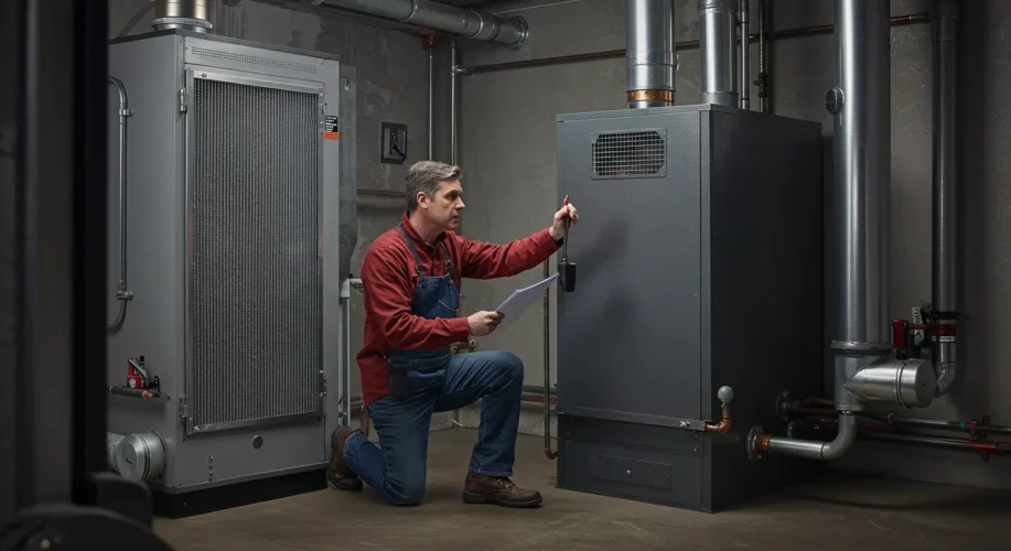 A male technician in red shirt maintaining a furnace